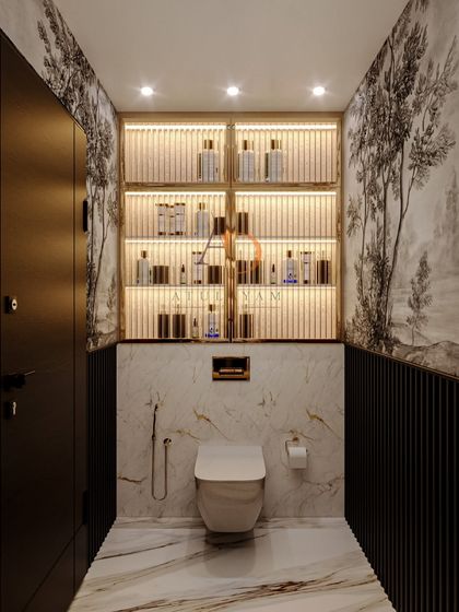 A powder room with dramatic black-and-white wallpaper, a marble-clad wall, and a backlit display niche above the toilet.