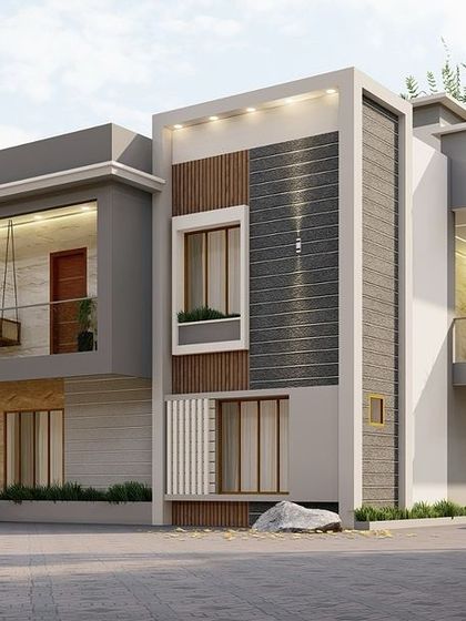 A residential exterior concept featuring a unique circular window and a hanging swing on the first-floor balcony. The design plays with textures, combining smooth plaster with natural stone and wood accents for a sophisticated look.