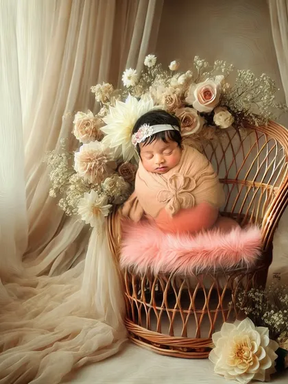 An elaborate and artistic portrait featuring a wicker chair, flowing drapery, and a cascade of flowers, creating a truly magical and painterly image.