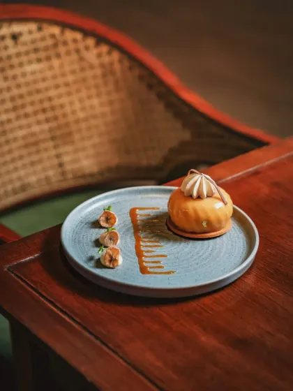 My Banoffee Petit Gateaux, a memory reimagined. It features a hazelnut sponge, banana caramel, and whipped banana mousse in one delicate bite.