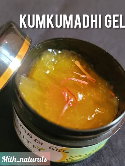 A close-up shot of the Kumkumadhi Gel. It's a light, healing gel that you can use day and night to combat dullness and dark spots, leaving your skin smoother and brighter.