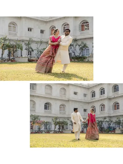 A collage showing Amanda and Ankur enjoying a sunny day in a beautiful garden setting. These shots capture both a playful dance and a quiet walk, showing different facets of their relationship.