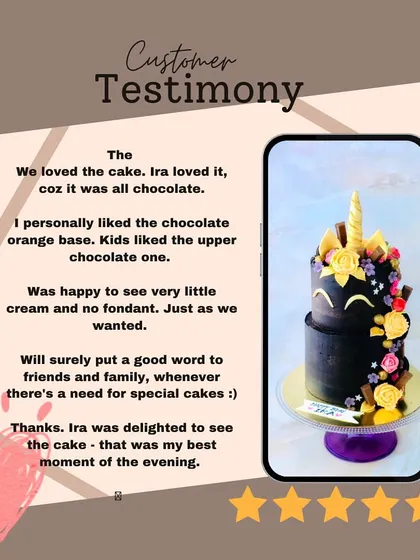 A glowing customer testimonial for the chocolate unicorn cake, praising its taste and design.