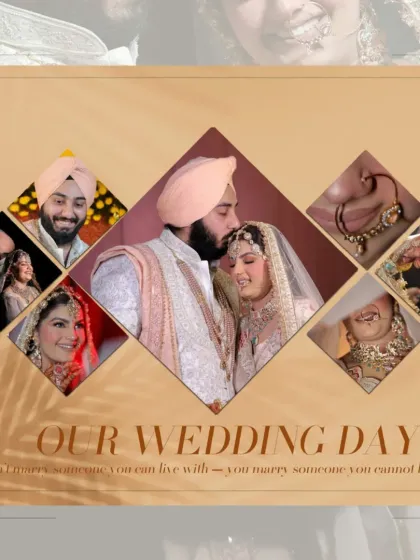 A beautifully designed collage celebrating "Our Wedding Day." It features a central portrait of the Sikh couple, surrounded by close-ups of details like the bride's nath and hands.