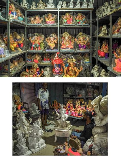 The workshop of a Ganpati 'murtikar', filled with idols in various stages of completion. This photo captures the scale of the work and the anticipation in the air as the entire community prepares to welcome Bappa.