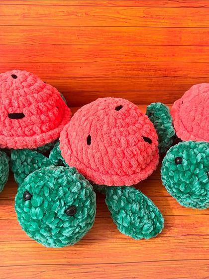 These are my watermelon-themed tortoises, made with the same soft, velvety yarn.