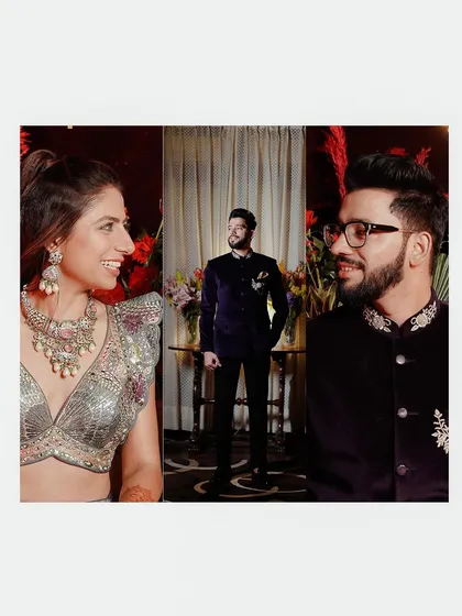A creative triptych of a couple, with close-ups of their faces looking at each other, framing a central portrait of the groom.