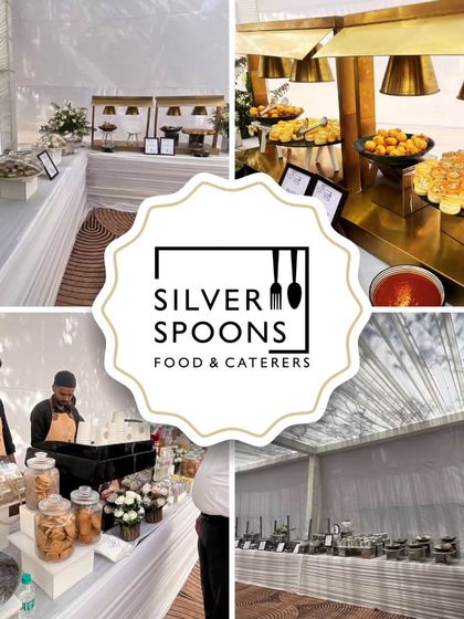 A collage showcasing various elements of my catering service, from a stylish white-themed buffet and live stations to my professional staff at work.