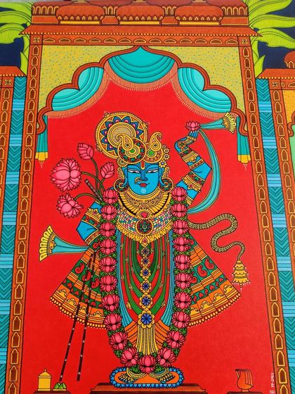 A close-up of the completed Srinathji, the central figure in my large Pichwai painting. The deep blue of his skin, the intricate jewelry, and the garland of lotuses are all painted with devotion to capture his divine presence.