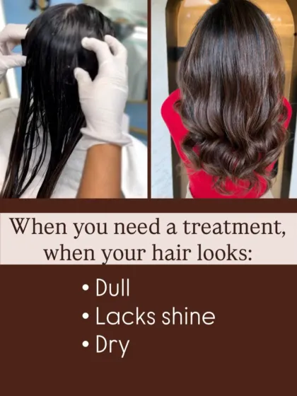This visual guide shows the clear difference a treatment makes. On the left, hair is being prepped for a treatment, looking dull and lifeless. On the right, the post-treatment result is shiny, healthy, and full of movement.