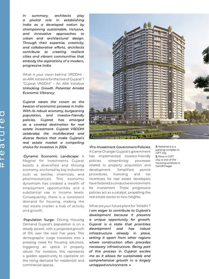 A page from my feature in Insite Design Magazine. Here, I discuss my vision for Gujarat's growth and my excitement to contribute to its development through sustainable and contextual architecture.