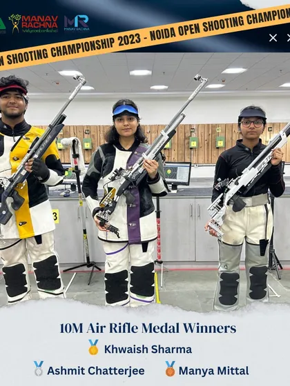 The medal winners of the 10M Air Rifle category at the Noida Open Shooting Championship, showcasing the young talent that emerged from the competition.