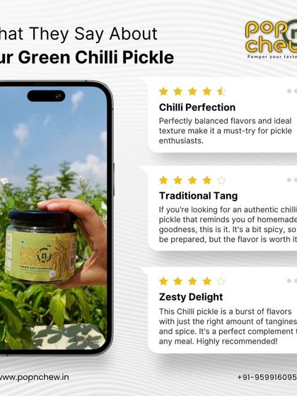 Here's what people are saying about our Green Chilli Pickle. These reviews highlight its perfectly balanced flavours, traditional tang, and zesty character, making it a must-try for pickle enthusiasts.