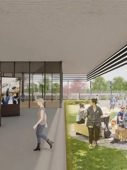 This rendering shows the proposed museum and community space at the MCA campus. The design features a flexible indoor-outdoor gallery and shaded public seating, creating a hub for both cultural exhibition and informal social interaction.