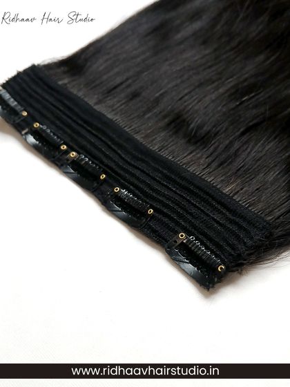 A detailed close-up of the secure clips on our 5-clip ear-to-ear straight extension. These clips ensure a strong hold for all-day wear without damaging your natural hair.