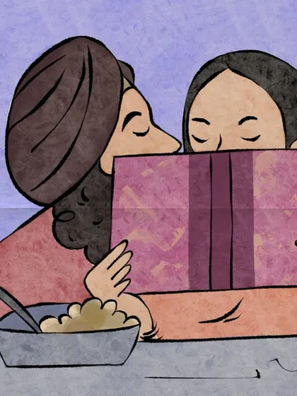 A quiet morning scene of a couple sharing a book, a simple routine filled with unspoken love. This illustration is about finding romance in the small, everyday moments we share, turning a simple memory into a piece of art.