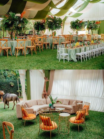 I ensure that adults also have comfortable and stylish seating. This photo shows a chic lounge area with a curved sofa and modern chairs, set up alongside the main dining area on the grass.