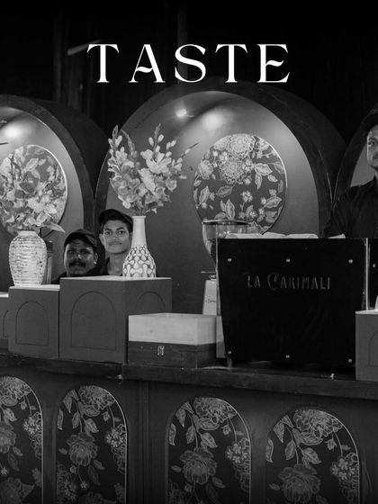 A black and white image of our coffee bar, with the word "TASTE" overlaid. It represents our core promise: delivering exceptional taste you can count on.