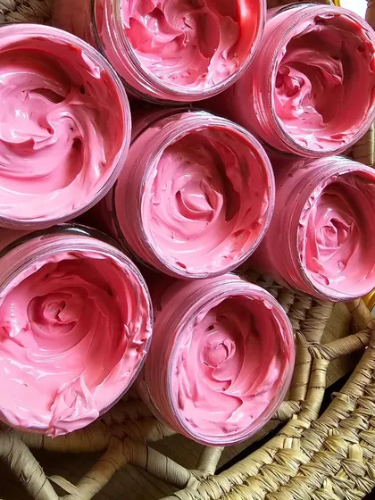 An overhead view of my Rose Calamine face packs. The swirled tops look like little roses themselves.