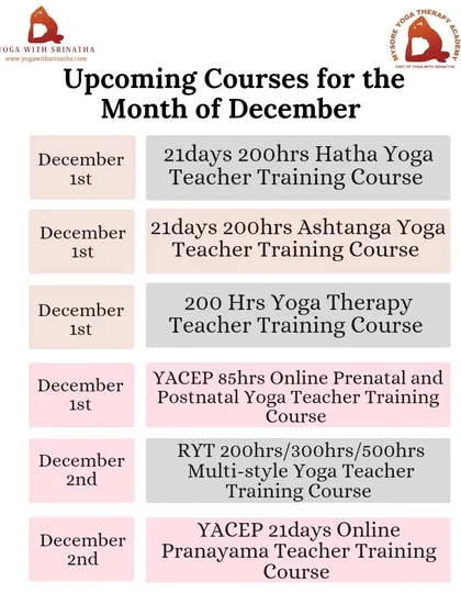 Our December schedule for foundational courses, including 200-hour Hatha and Ashtanga, Yoga Therapy, and online Prenatal and Pranayama TTCs.
