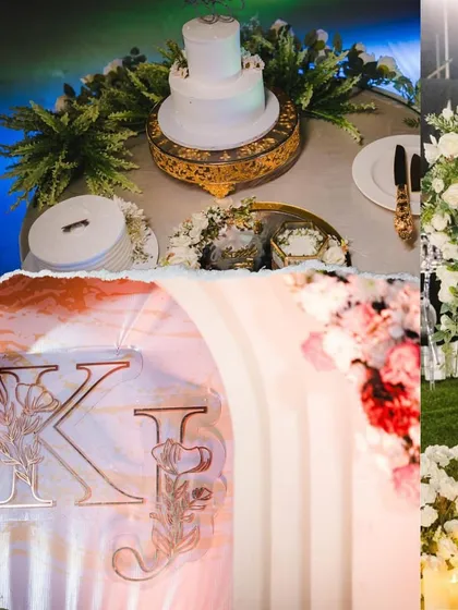 This collage captures the essence of a beautiful engagement party. It highlights the custom monogram signage for the couple, the elegant multi-tiered wedding cake, and the stunning floral arch that welcomed guests.
