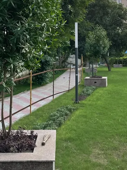 This section of the park features newly planted trees in raised stone planters along a paved walkway. The design includes garden lighting posts for safe and pleasant evening strolls.
