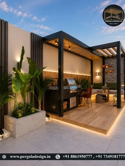 A luxurious terrace setup featuring a pergola with an outdoor kitchen and barbecue. The space is designed for entertaining, with ample seating and ambient lighting creating a warm and inviting atmosphere.