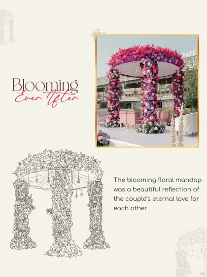 The blooming floral mandap was a beautiful reflection of the couple's love. We used a sketch to conceptualize the design before bringing this magnificent structure to life.