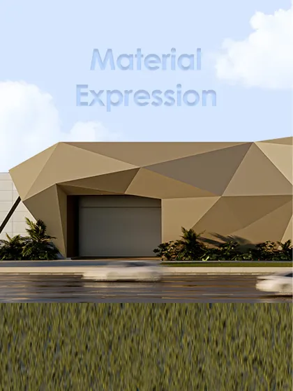 Titled "Material Expression," this image shows a sand-hued metal facade with faceted surfaces that catch and release brightness. The texture becomes a timekeeper, recording sun paths throughout the day.