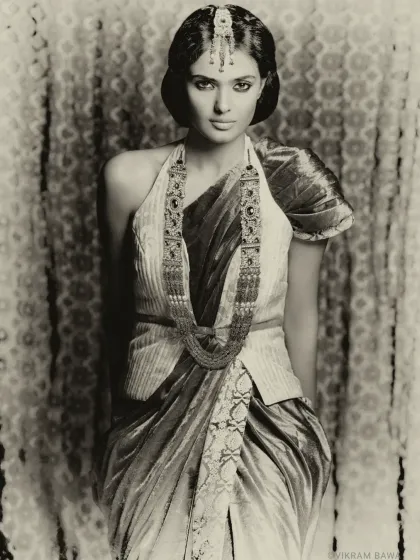 Where timeless beauty meets exquisite craftsmanship. Another sepia-toned shot for the TBZ campaign, blending traditional Indian attire with a vintage photographic style.