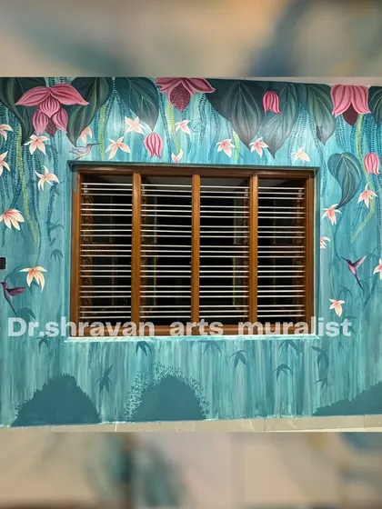A whimsical take on a tropical theme, this mural features a textured turquoise background with hanging flowers and hummingbirds, creating a vibrant and ornamental look.
