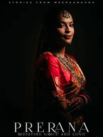 A striking portrait of a bride, with text overlay, capturing her grace and beauty in dramatic lighting.