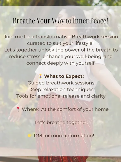 Ready to breathe your way to inner peace? I offer transformative breathwork sessions curated to fit your lifestyle. We will work together online to unlock the power of your breath, reduce stress, and connect deeply with yourself through guided techniques for emotional release.