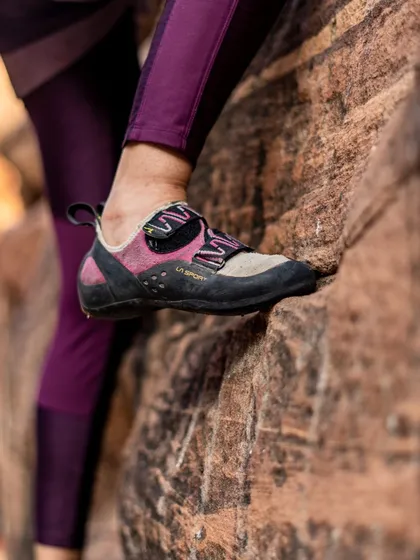 A close-up of a La Sportiva climbing shoe, designed to give you the precision and comfort needed on the rock. We provide shoes like these for our new climbers.