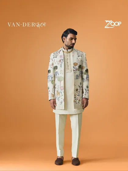 A full view of the nature-inspired sherwani from the Vanderphool collection. The whimsical print of flora and fauna makes it a unique and celebratory outfit for any grand occasion.