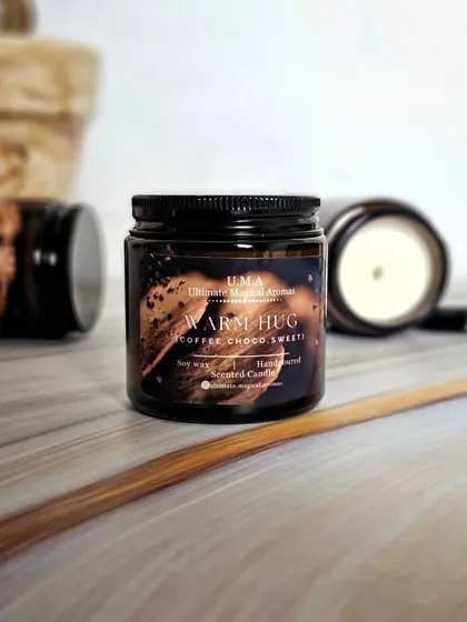 Another view of the 'Warm Hug' candle. I love how the label design captures the rich, aromatic essence of coffee, making it a treat for the eyes as well as the nose.