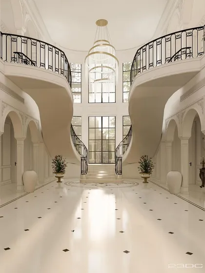 The arrival sets the tone for the entire hospitality experience. This neo-classical hotel lobby was designed around a magnificent double staircase, creating a breathtaking sense of scale and grandeur that defines ultra-luxury from the moment a guest steps inside.