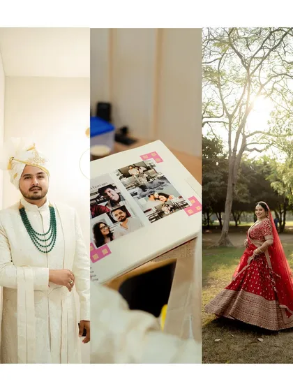 A triptych telling the story of a wedding day. It shows the groom getting ready, a photo album of their memories, and the bride in her stunning red lehenga, connecting the past and present.