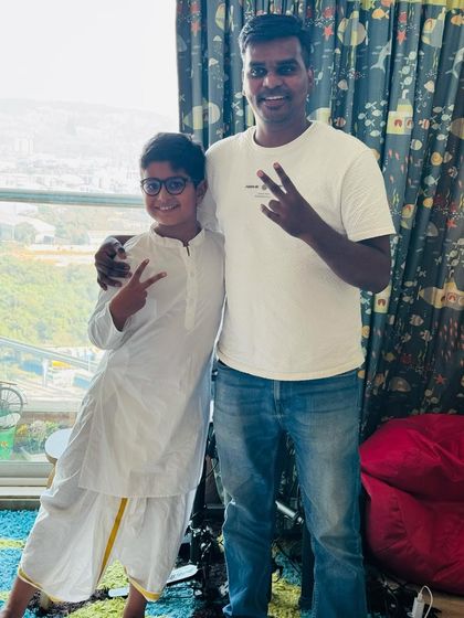 Our drum coach Sanket with his student Riaan. The one-on-one bond between teacher and student is crucial for personalized growth and encouragement.