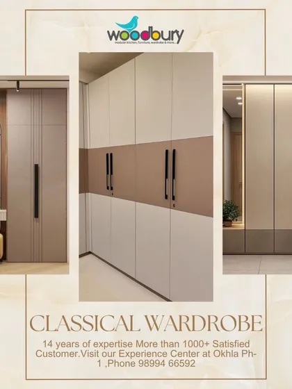 This image shows a variety of classical and modern wardrobe designs. From two-tone finishes to minimalist handleless doors, each one is tailored to the client's specific style and storage needs.