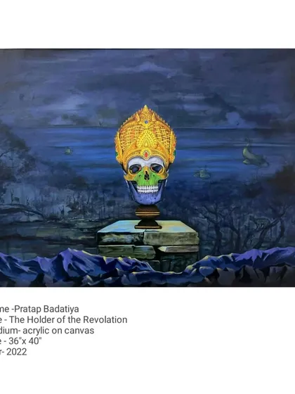 This 36 by 40-inch acrylic on canvas, 'The Holder of the Revolution,' features a crowned skull on a pedestal. It is a surreal and symbolic work about the ideas and sacrifices that underpin significant change, where death and royalty are intertwined.