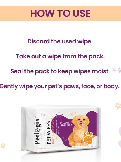This graphic shows just how easy it is to use my Pet Wipes. Simply take one out, gently wipe your pet, and discard. Remember to seal the pack to keep the remaining wipes moist and ready for next time.