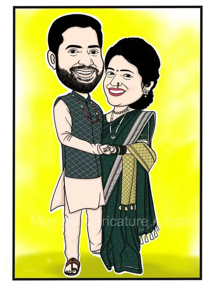 This custom couple caricature shows a couple in elegant traditional wear, making it an ideal choice for an engagement announcement or a personalized wedding gift.