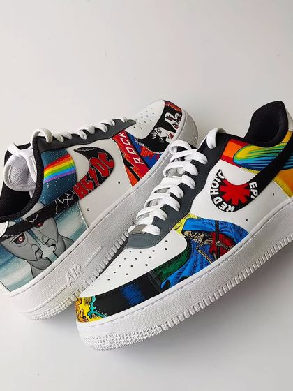 Another view of the rock mixtape sneakers, showing the Red Hot Chili Peppers and Led Zeppelin art. This was a complex but incredibly fun pair to design.