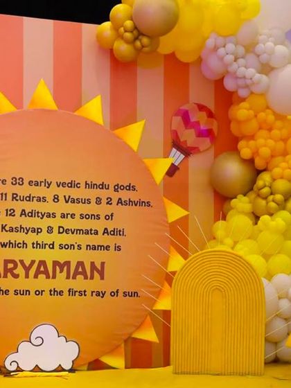 We believe in telling a story through decor. This custom prop not only fits the sunshine theme but also shares the beautiful meaning behind the name Aryaman, adding a deeply personal and informative element to the celebration.