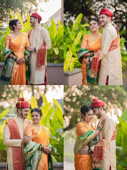 A collage of couple portraits of Omkar and Mansi. This shows the variety of poses we can capture during an outdoor engagement shoot, from classic to candid.