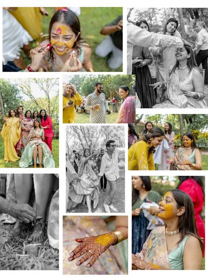 A collage of candid moments from a Haldi ceremony. It shows the laughter, the mess, the family involvement, and the pure fun of this vibrant tradition, captured in both color and black and white.
