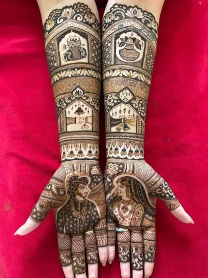 A clear and beautiful portrait mehendi. The design shows the bride and groom on the palms, with scenes from the wedding ceremony on the forearms.
