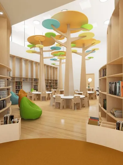 An interior design concept for a children's library that invites young readers to explore with wonder. The tree-like bookshelves and colorful seating create a whimsical, forest-like environment.