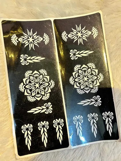 A look at one of my versatile stencil sheets. This set includes a central mandala design, finger details, and other small elements you can mix and match. These are perfect for creating a coordinated look on your hands.